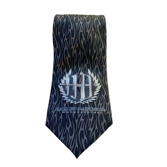 Vintage Harley Davidson Tie HD Metallic Logo With Flames Ralph Marlin Gray 1999 - Picture 2 of 5